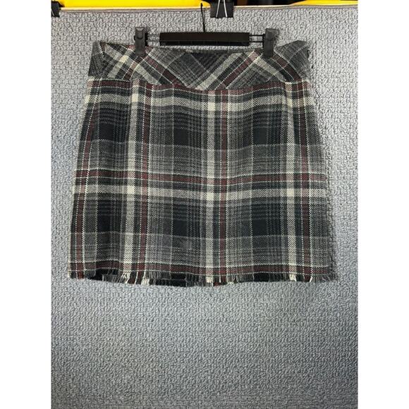 Eddie Bauer A Line Gray Fringe Plaid Skirt Wool Blend Lined Size 12 - Picture 2 of 8